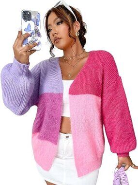 Women's Plus Size Colorblock Lantern Sleeve Open Front Furry Cardigan Sweater